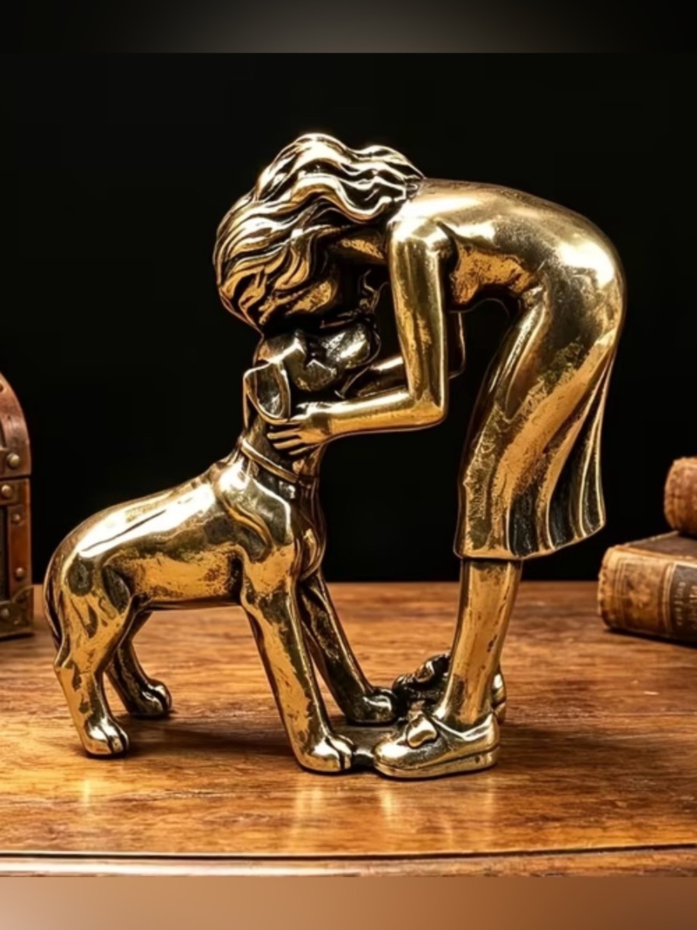 Miniature Brass Woman and Dog Sculpture - Decorative Home Art